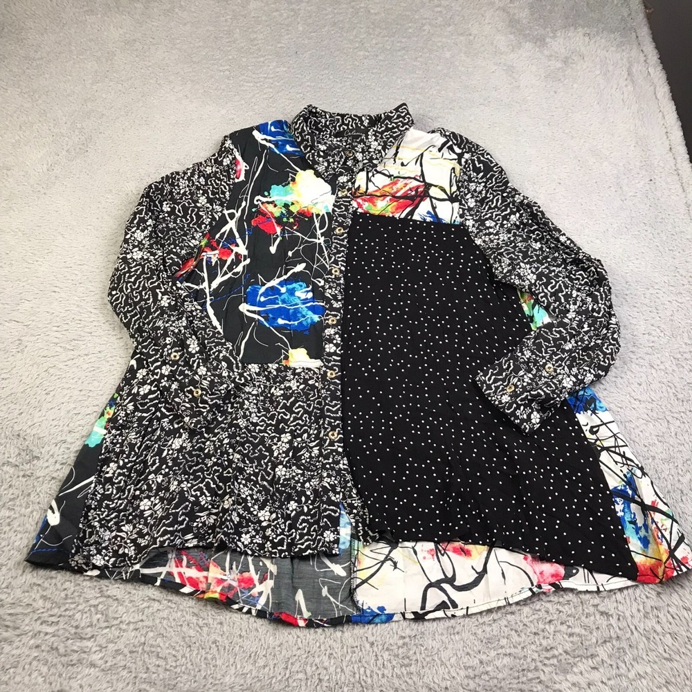 Calessa Shirt Womens 1X Black/Multi Abstract Wearable Art Button Up Tunic Blouse